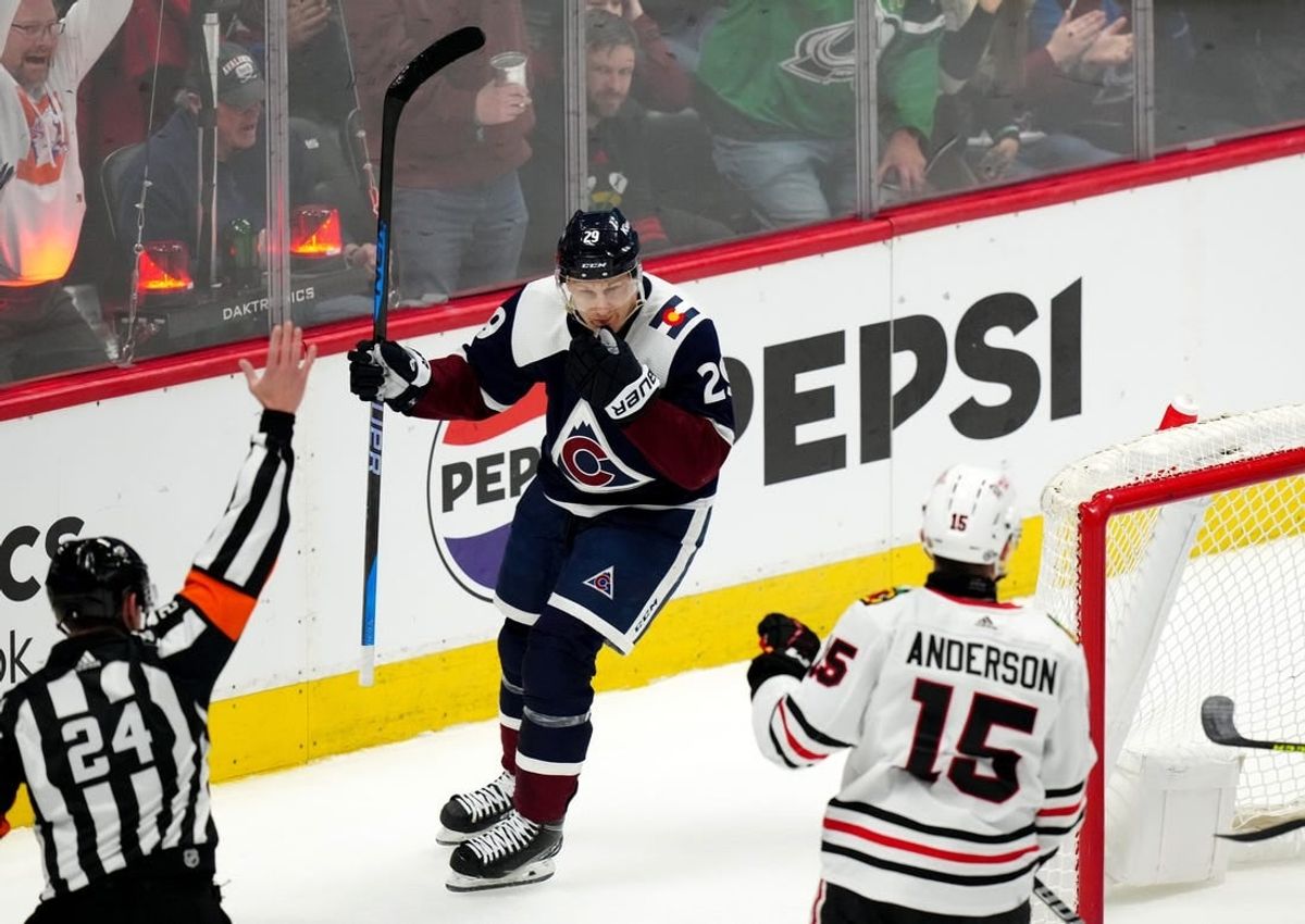 Mar 4, 2024; Denver, Colorado, USA;Colorado Avalanche center Nathan MacKinnon (29) celebrates his his goal during the first period against the Chicago Blackhawks at Ball Arena.