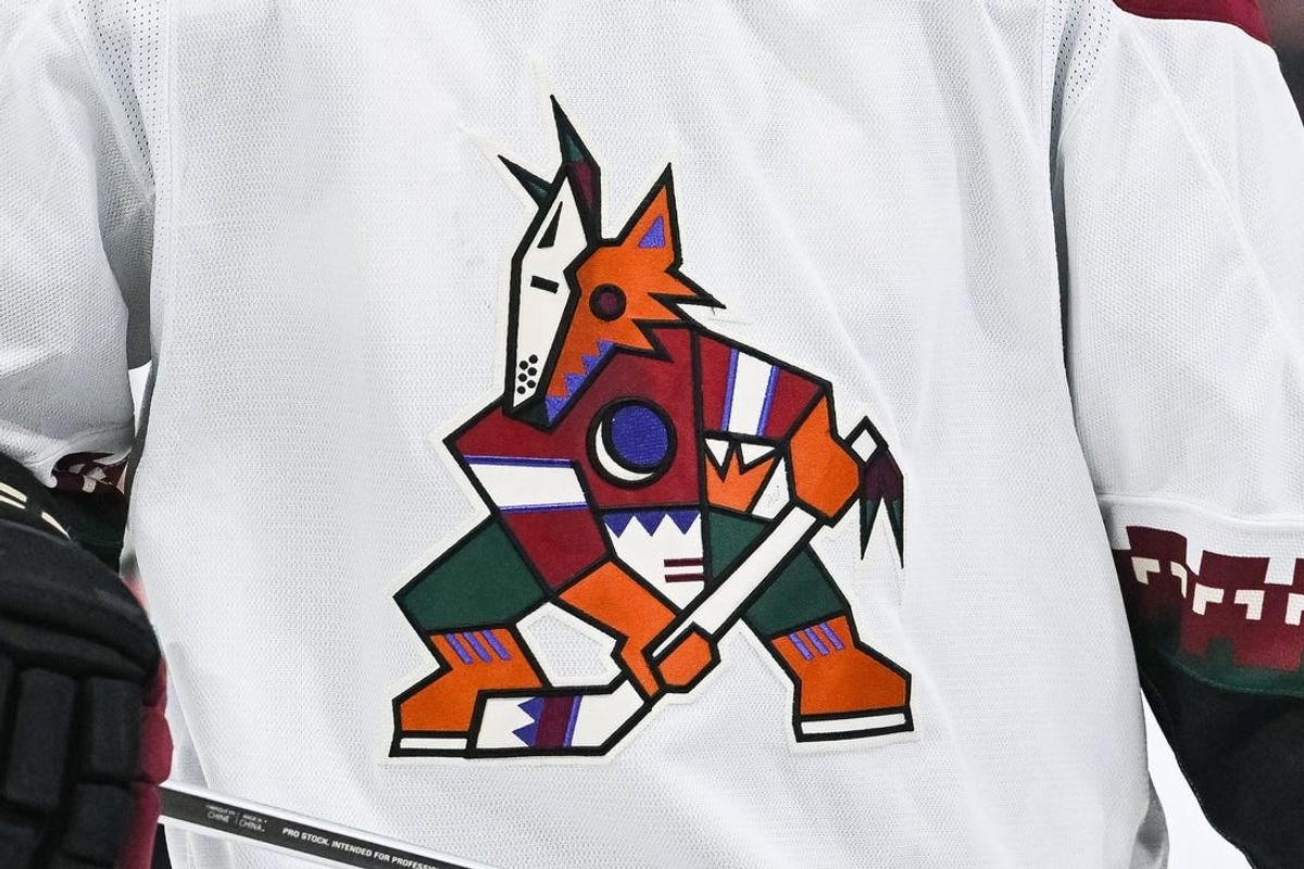 Feb 27, 2024; Montreal, Quebec, CAN; View of a against the Arizona Coyotes logo on a jersey worn by a member of the team against the Montreal Canadiens during the second period at Bell Centre.