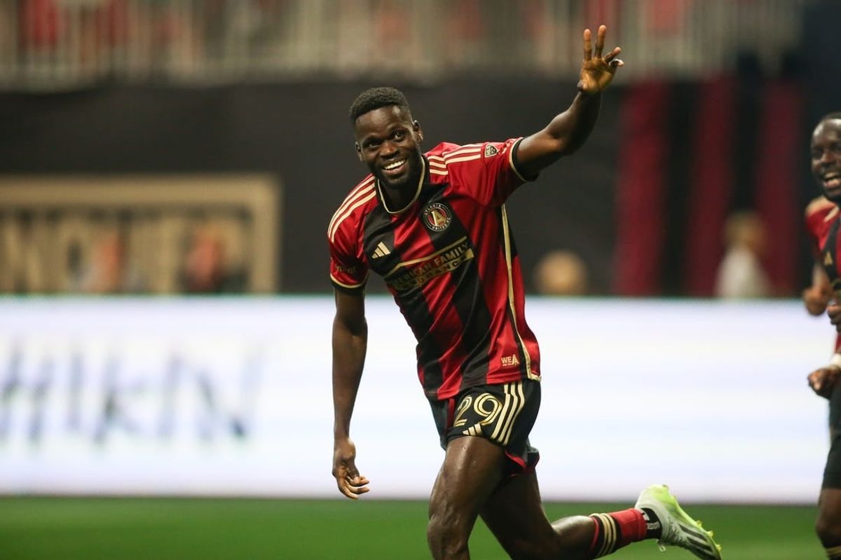 Mar 31, 2024; Atlanta, Georgia, USA; Atlanta United forward Jamal Thiare (29) celebrates after a goal was scored in the second half of the match against Chicago Fire FC at Mercedes-Benz Stadium.