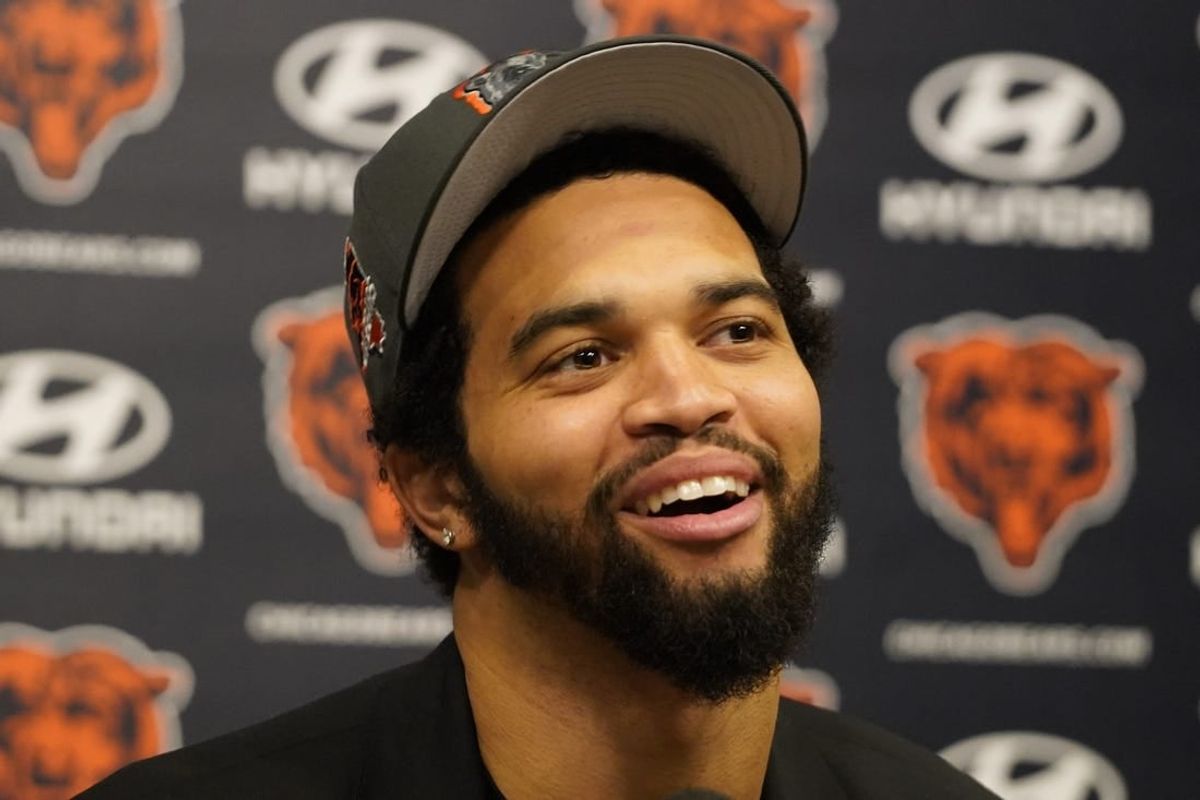 Apr 26, 2024; Lake Forest, IL, USA; Chicago Bears number one draft choice Caleb Williams  at a press conference at Halas Hall.