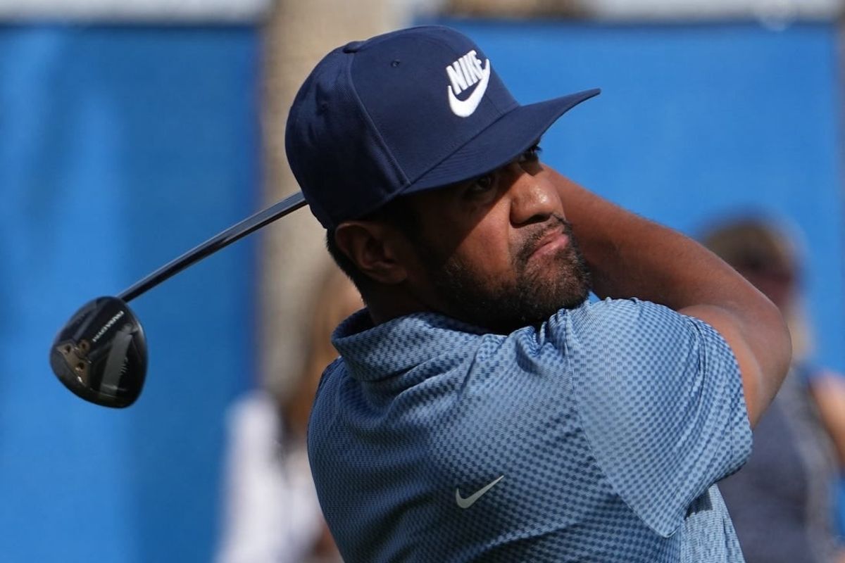 Jan 19, 2024; La Quinta, California, USA; Tony Finau hits his tee shot on the tenth hole during the second round of the The American Express golf tournament at PGA West Dye Stadium Cours.