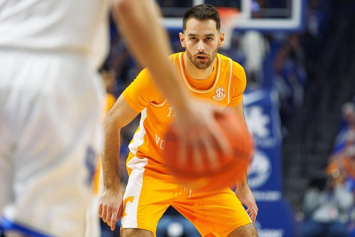 Feb 3, 2024; Lexington, Kentucky, USA; Tennessee Volunteers guard Santiago Vescovi (25) defends during the first half against the Kentucky Wildcats at Rupp Arena at Central Bank Center.