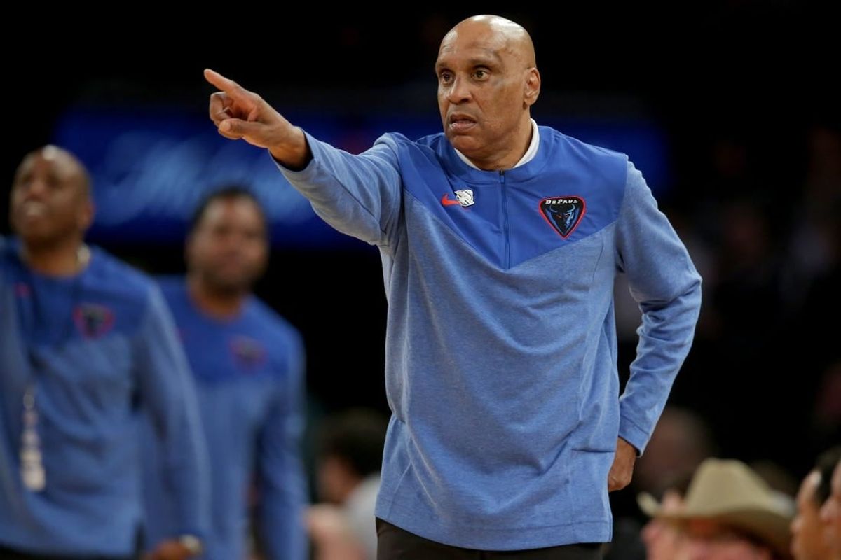 Mar 9, 2023; New York, NY, USA; DePaul Blue Demons head coach Tony Stubblefield coaches against the Xavier Musketeers during the first half at Madison Square Garden.