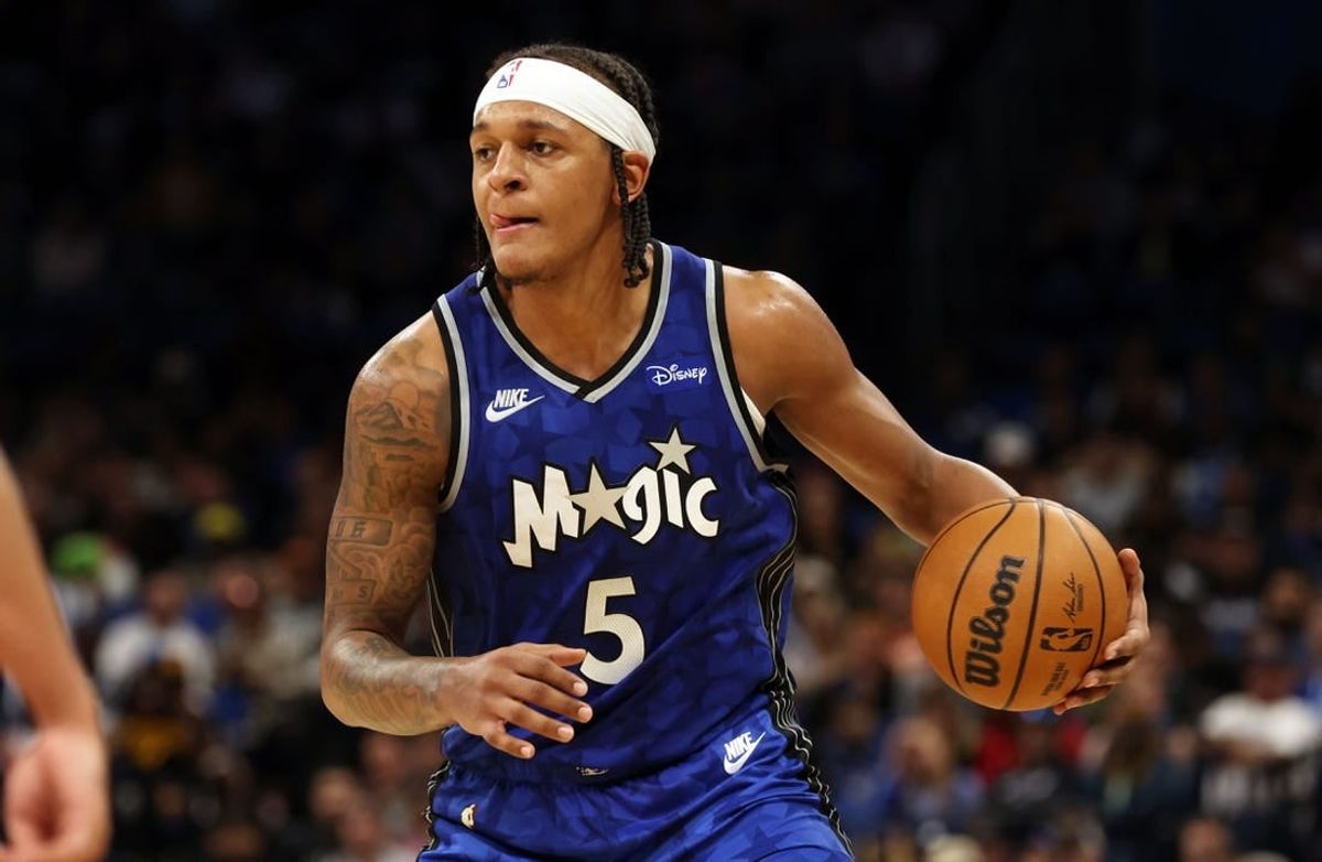 Jan 7, 2024; Orlando, Florida, USA; Orlando Magic forward Paolo Banchero (5) drives to the basket against the Atlanta Hawks during the second half at Kia Center.