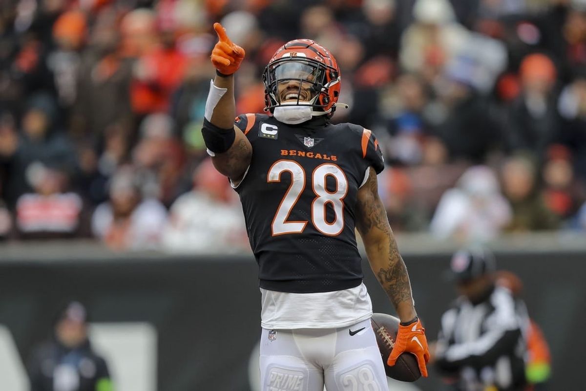 Jan 7, 2024; Cincinnati, Ohio, USA; Cincinnati Bengals running back Joe Mixon (28) reacts after scoring a touchdown against the Cleveland Browns in the first half at Paycor Stadium.