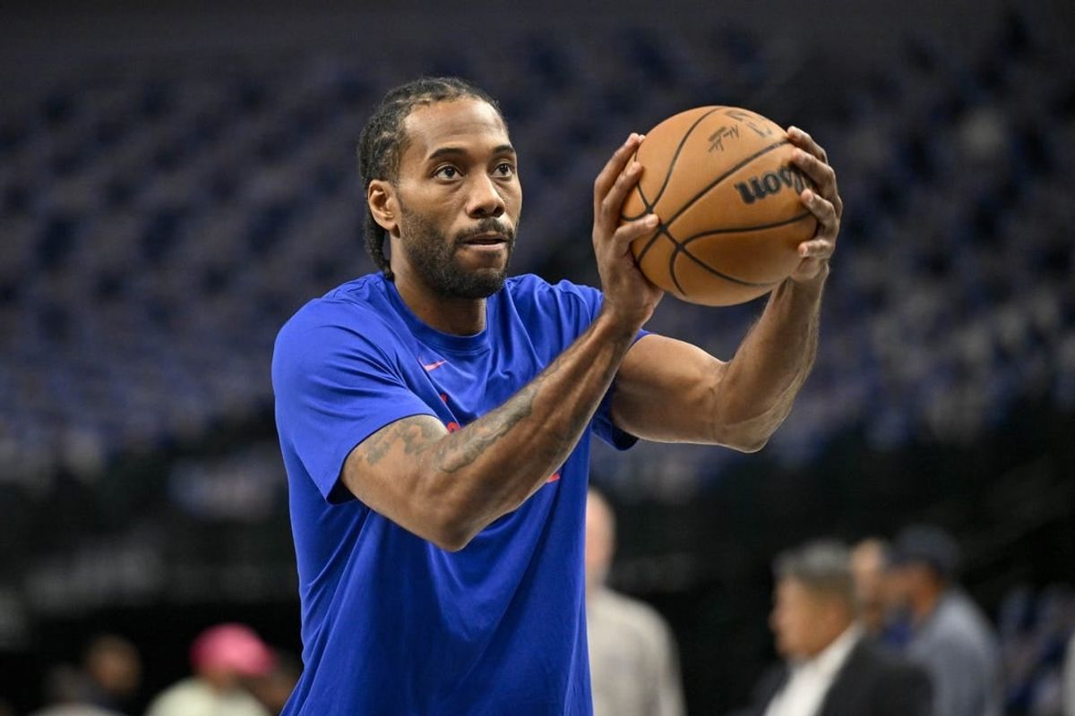 Apr 26, 2024; Dallas, Texas, USA; LA Clippers forward Kawhi Leonard (2) warms up before the game between the Dallas Mavericks and the LA Clippers during game three of the first round for the 2024 NBA playoffs at the American Airlines Center.