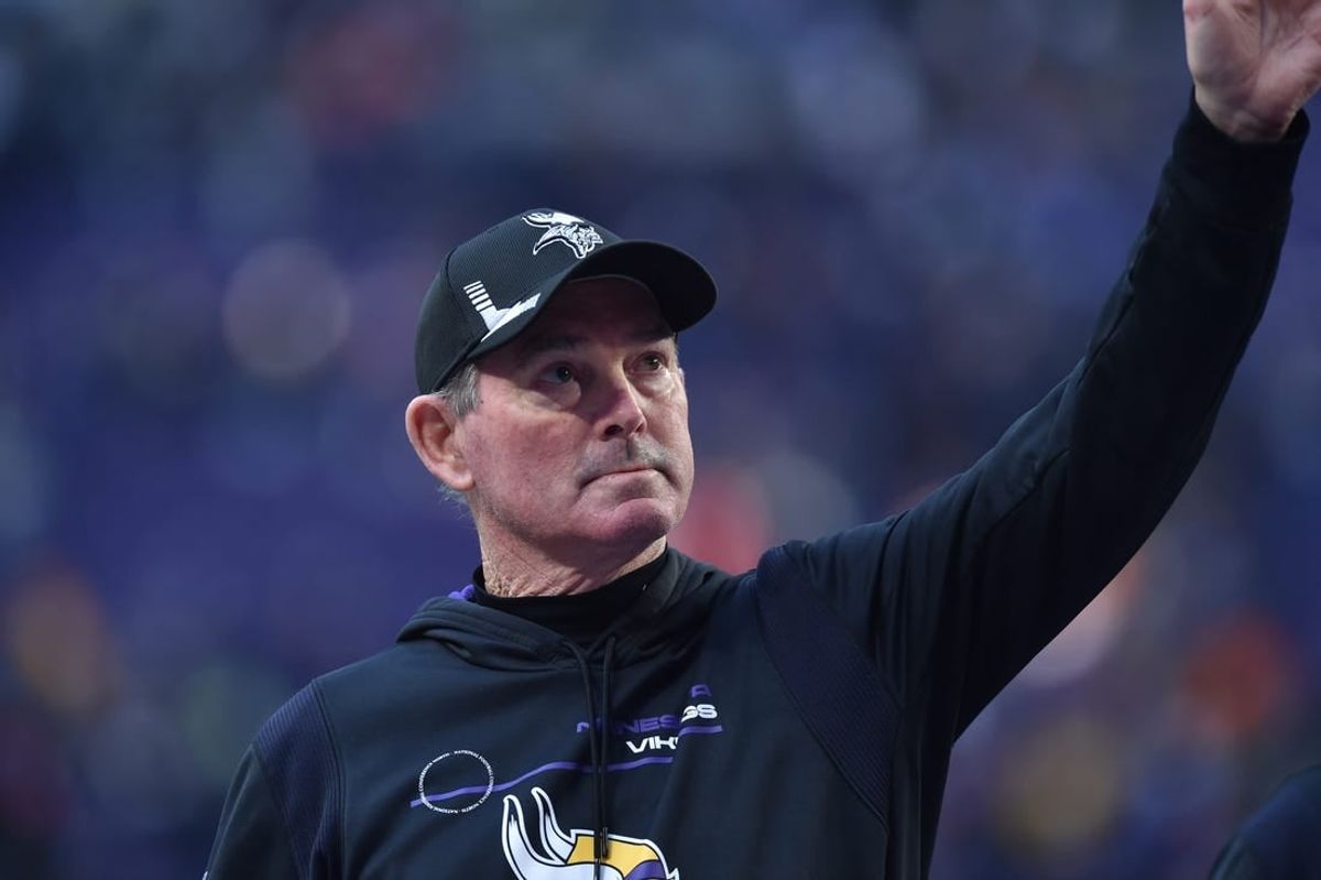 Jan 9, 2022; Minneapolis, Minnesota, USA; Minnesota Vikings head coach Mike Zimmer waves to the crowd after the game against the Chicago Bears  at U.S. Bank Stadium.