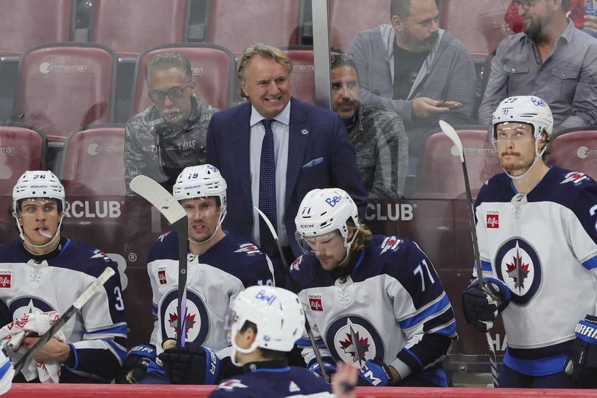 Nov 24, 2023; Sunrise, Florida, USA; Winnipeg Jets head coach Rick Bowness looks on from the bench against the Florida Panthers during the third period at Amerant Bank Arena.