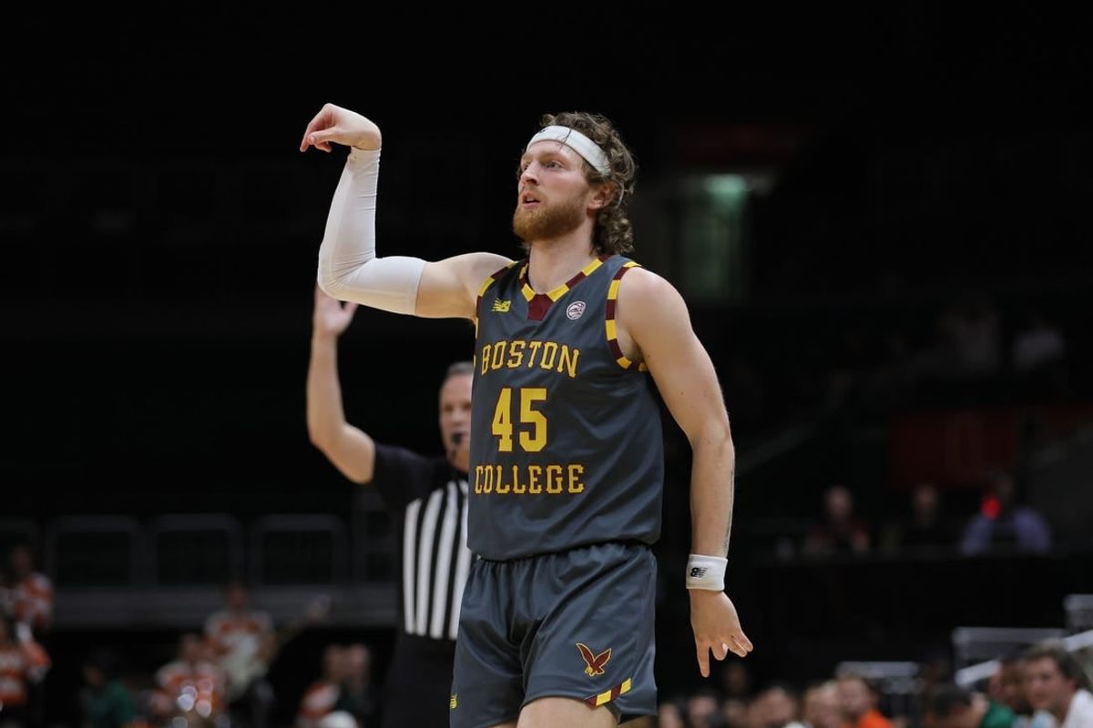 Mar 6, 2024; Coral Gables, Florida, USA; Boston College Eagles guard Mason Madsen (45) watches his shot against the Miami Hurricanes during the first half at Watsco Center.