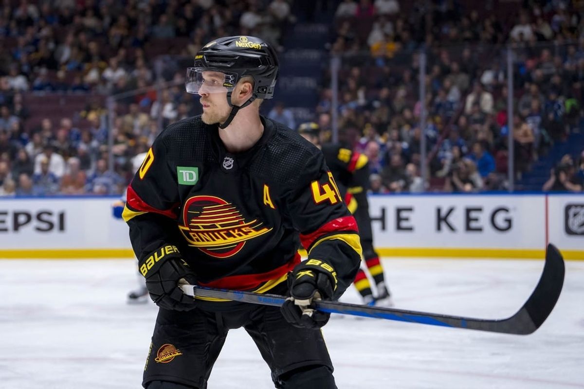 Mar 19, 2024; Vancouver, British Columbia, CAN; Vancouver Canucks forward Elias Pettersson (40) skates against the Buffalo Sabres in the second period at Rogers Arena.