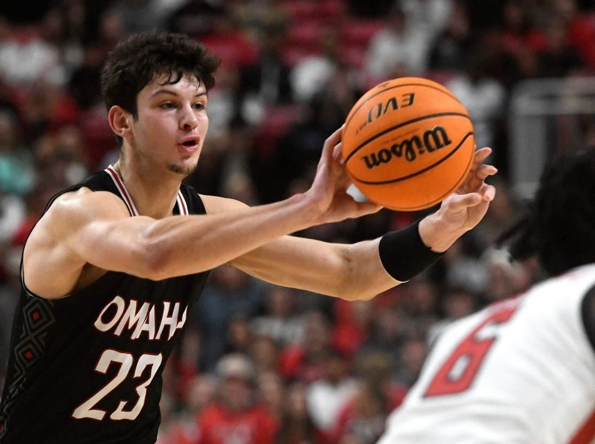 Omaha's forward Frankie Fidler (23) passes the ball against Texas Tech in a non-conference basketball game, Wednesday, Dec. 6, 2023, at United Supermarkets Arena.