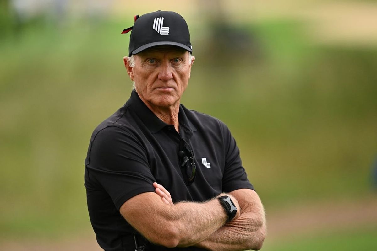 Sep 24, 2023; Sugar Grove, Illinois, USA; Greg Norman watches the action on the 11th green during the final round of the LIV Golf Chicago golf tournament at Rich Harvest Farms.