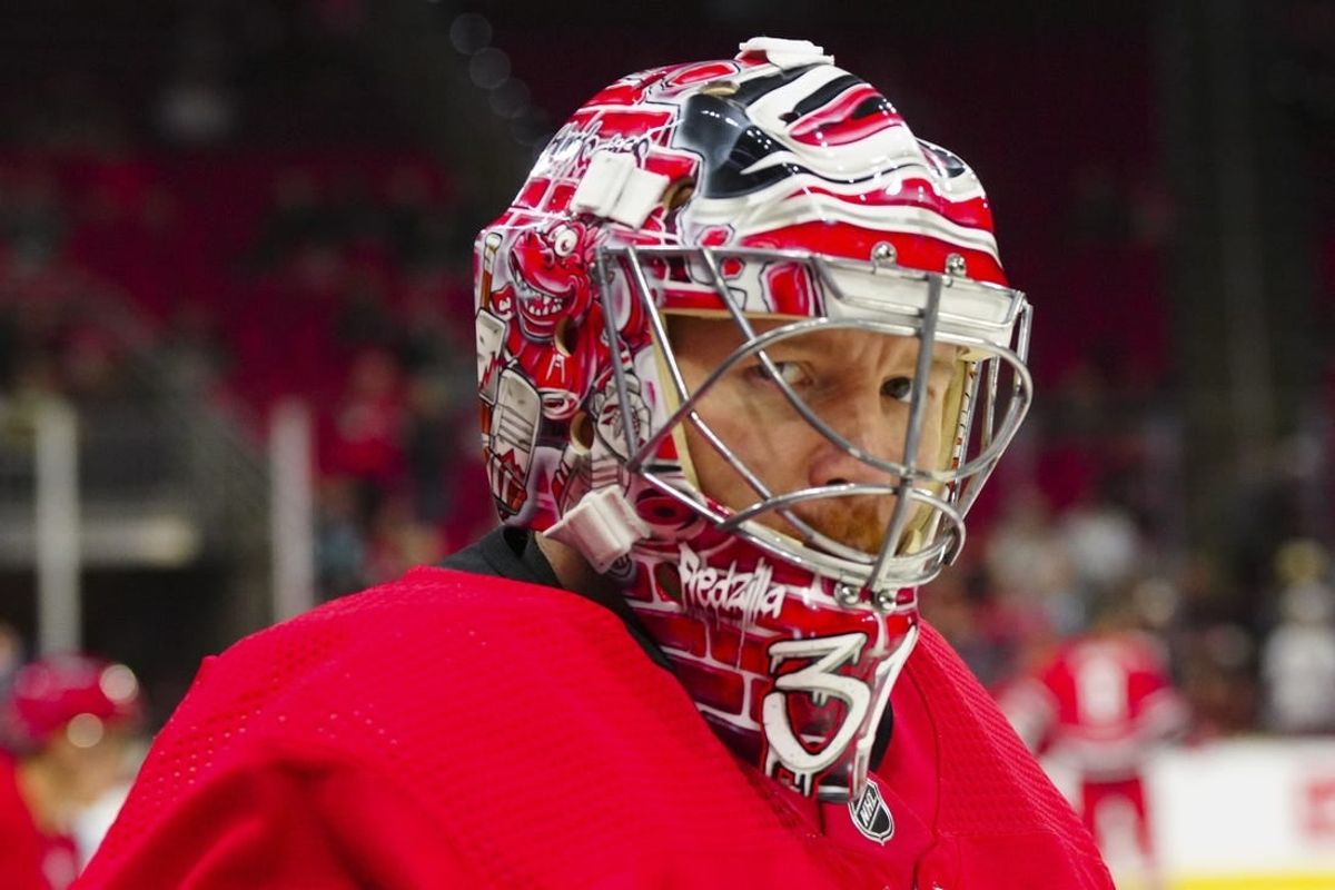 Oct 26, 2023; Raleigh, North Carolina, USA; Carolina Hurricanes goaltender Frederik Andersen (31) looks on before the game against the Seattle Kraken at PNC Arena.