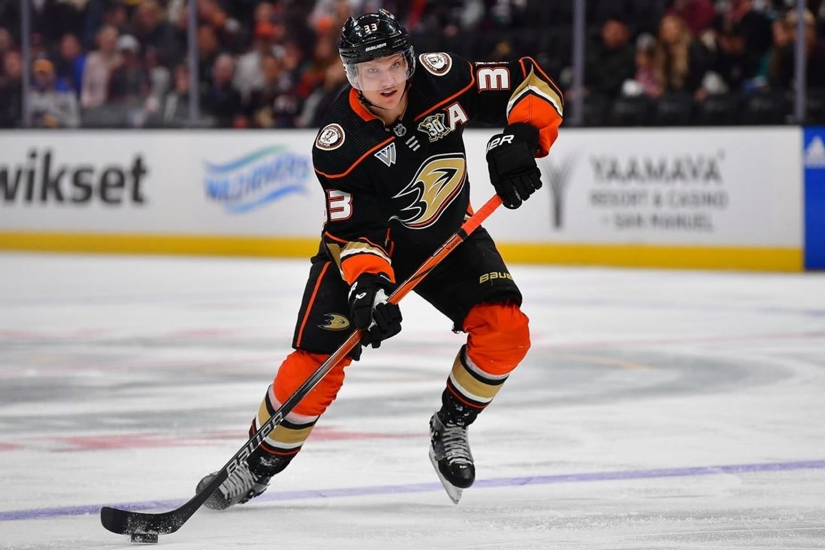 Apr 7, 2024; Anaheim, California, USA; Anaheim Ducks right wing Jakob Silfverberg (33) controls the puck against the St. Louis Blues during the second period at Honda Center.