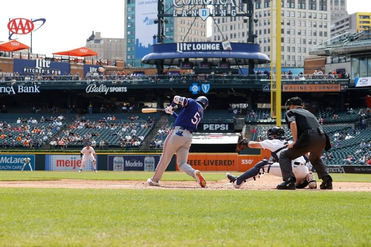 Texas Ranger Adolis Garcia hits a home run off of Detroit Tigers starting pitcher Kenta Maeda during the game between the Detroit Tigers and the Texas Rangers at Comerica Park in Detroit on Thursday, April 18, 2024.
The Tigers lost the game 9-7.
