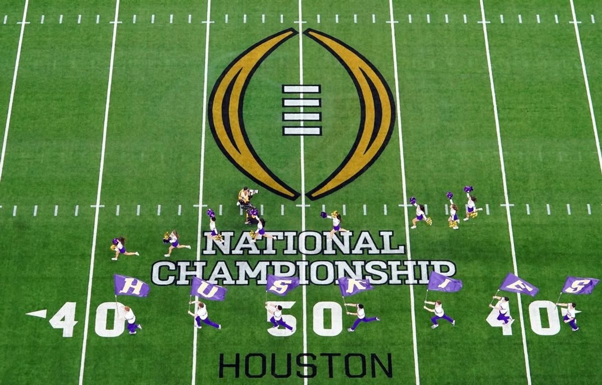 Jan 8, 2024; Houston, TX, USA; A general view as the Washington Huskies take the field before to the 2024 College Football Playoff national championship game at NRG Stadium.