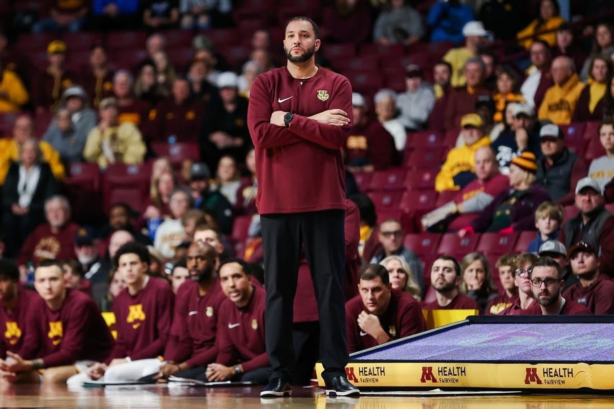 Nov 10, 2023; Minneapolis, Minnesota, USA; Minnesota Golden Gophers head coach Ben Johnson looks on during the first half against the Texas-San Antonio Roadrunners at Williams Arena.
