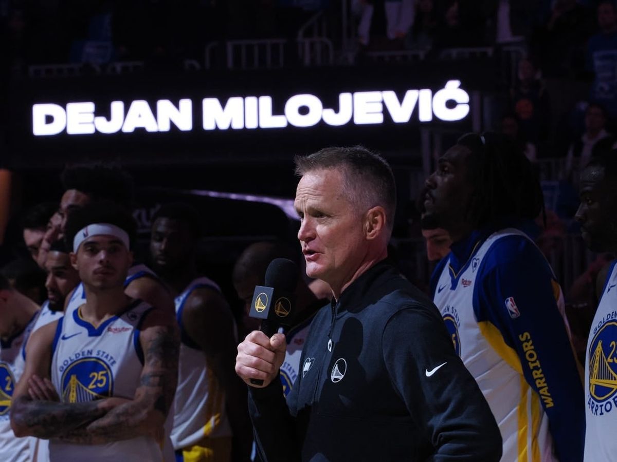 Jan 24, 2024; San Francisco, California, USA; Golden State Warriors head coach Steve Kerr speaks about the late assistant coach Dejan Milojevic before a game against the Atlanta Hawks at Chase Center.