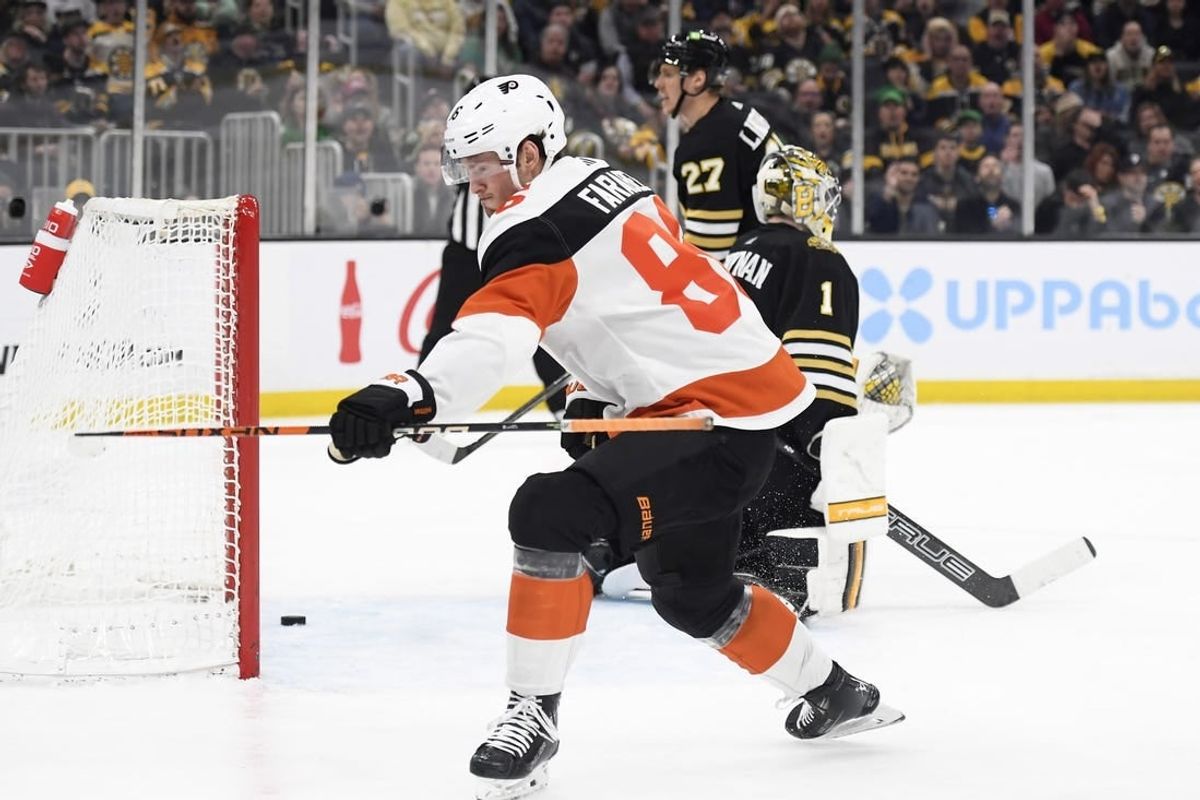Mar 16, 2024; Boston, Massachusetts, USA; Philadelphia Flyers left wing Joel Farabee (86) reacts after scoring a goal during the second period against the Boston Bruins at TD Garden.