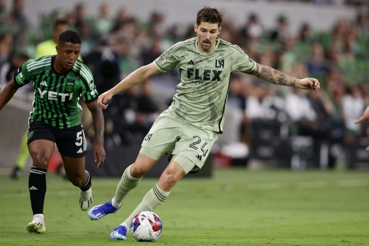 Oct 7, 2023; Austin, Texas, USA; Los Angeles FC midfielder Ryan Hollingshead (24) dribbles the ball during the first half at Q2 Stadium.