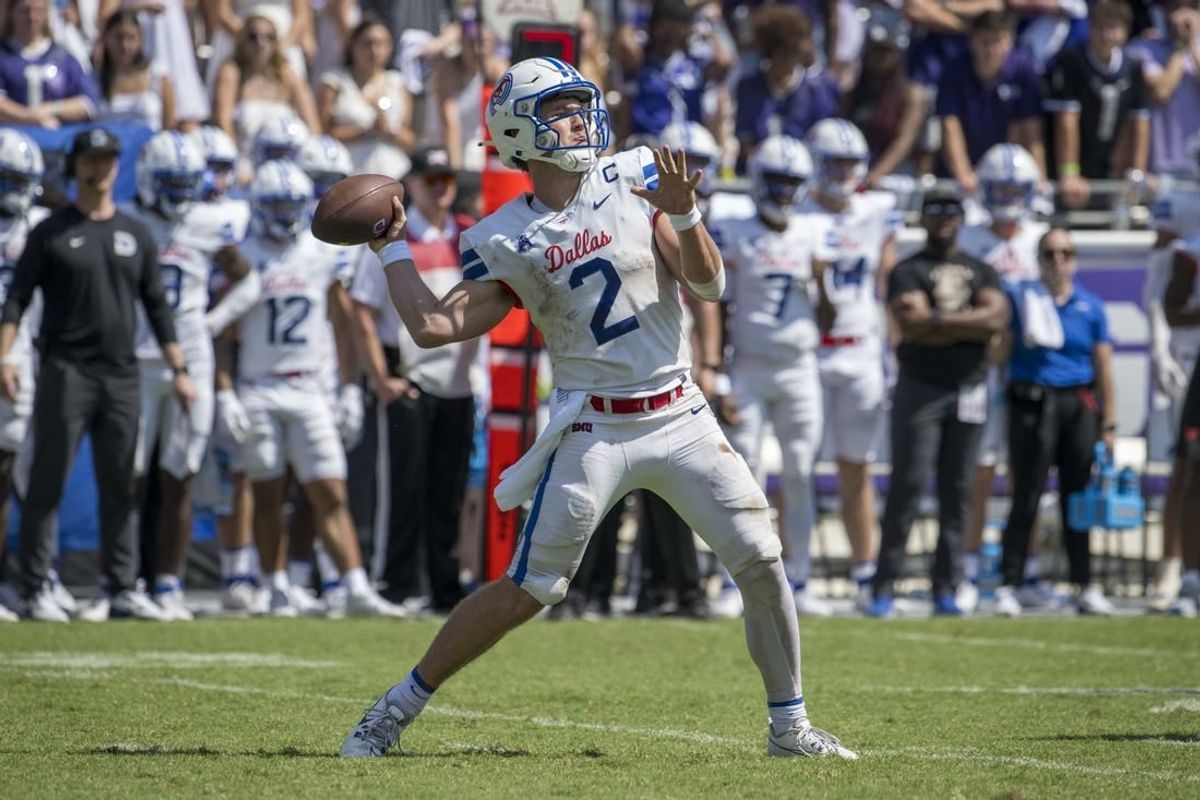 Sep 23, 2023; Fort Worth, Texas, USA; SMU Mustangs quarterback Preston Stone (2) in action during the game between the TCU Horned Frogs and the SMU Mustangs at Amon G. Carter Stadium.
