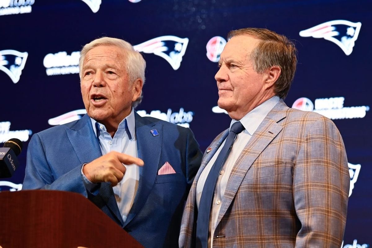 Jan 11, 2024; Foxborough, MA, USA; New England Patriots owner Robert Kraft (left) and Patriots former head coach Bill Belichick (right) and hold a press conference at Gillette Stadium to announce Belichick's exit from the team.