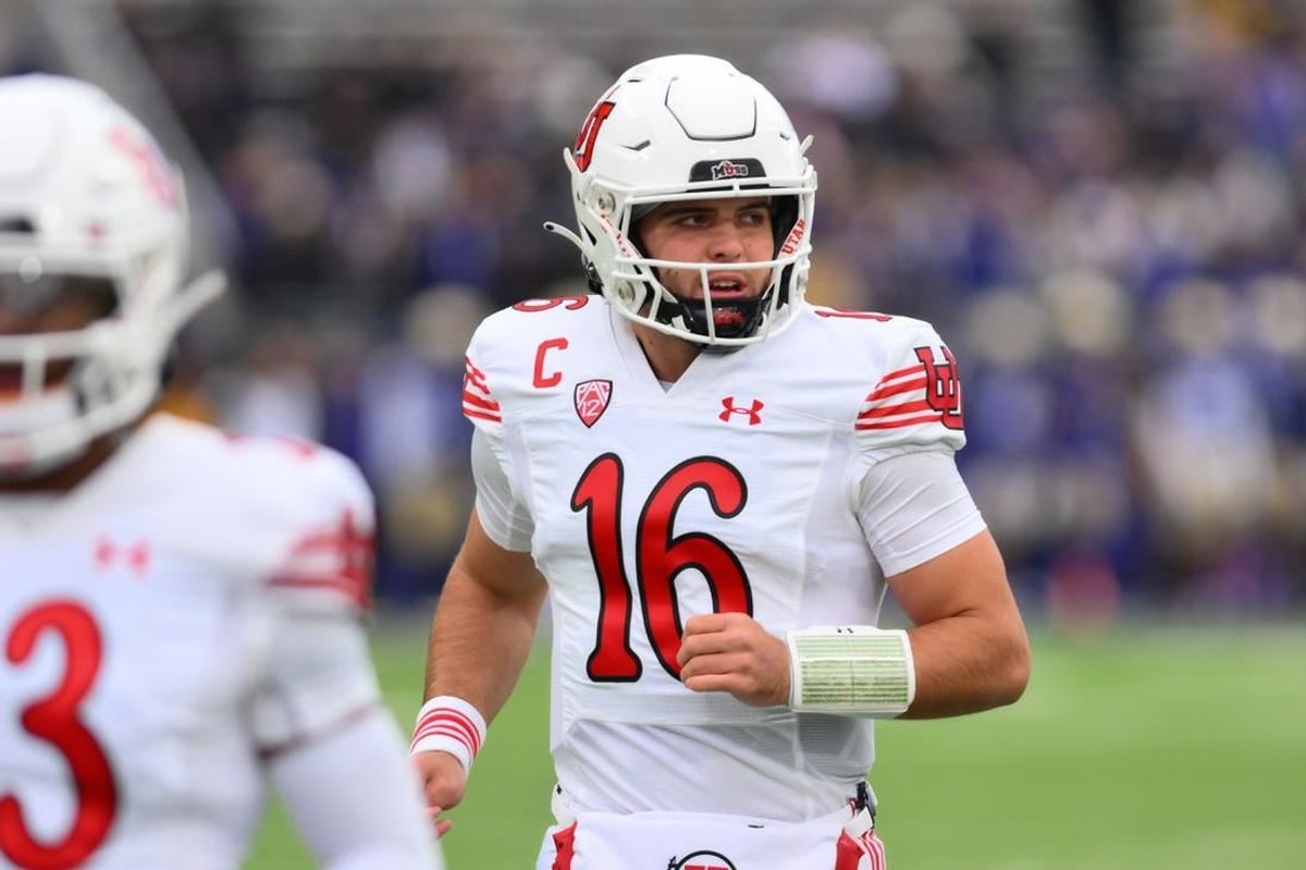Nov 11, 2023; Seattle, Washington, USA; Utah Utes quarterback Bryson Barnes (16) during warmups prior to the game against the Washington Huskies at Alaska Airlines Field at Husky Stadium.