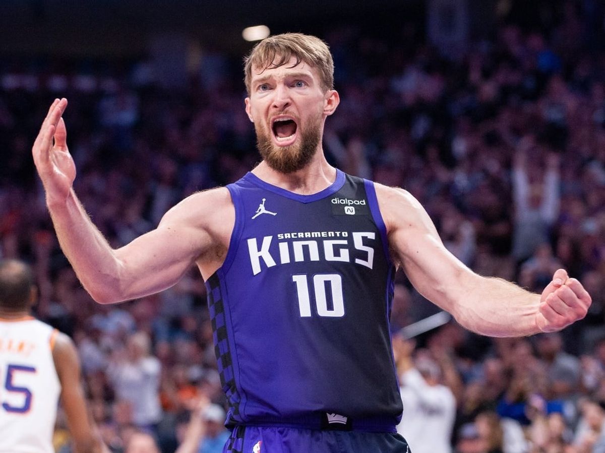 Apr 12, 2024; Sacramento, California, USA; Sacramento Kings forward Domantas Sabonis (10) reacts to a call during the fourth quarter at Golden 1 Center.