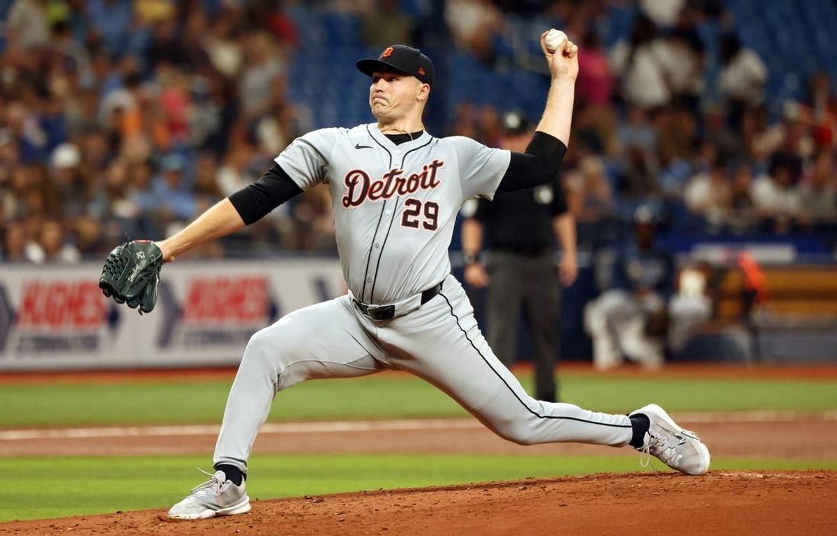 Apr 22, 2024; St. Petersburg, Florida, USA; Detroit Tigers pitcher Tarik Skubal (29) throws a pitch against the Tampa Bay Rays during the third inning at Tropicana Field.