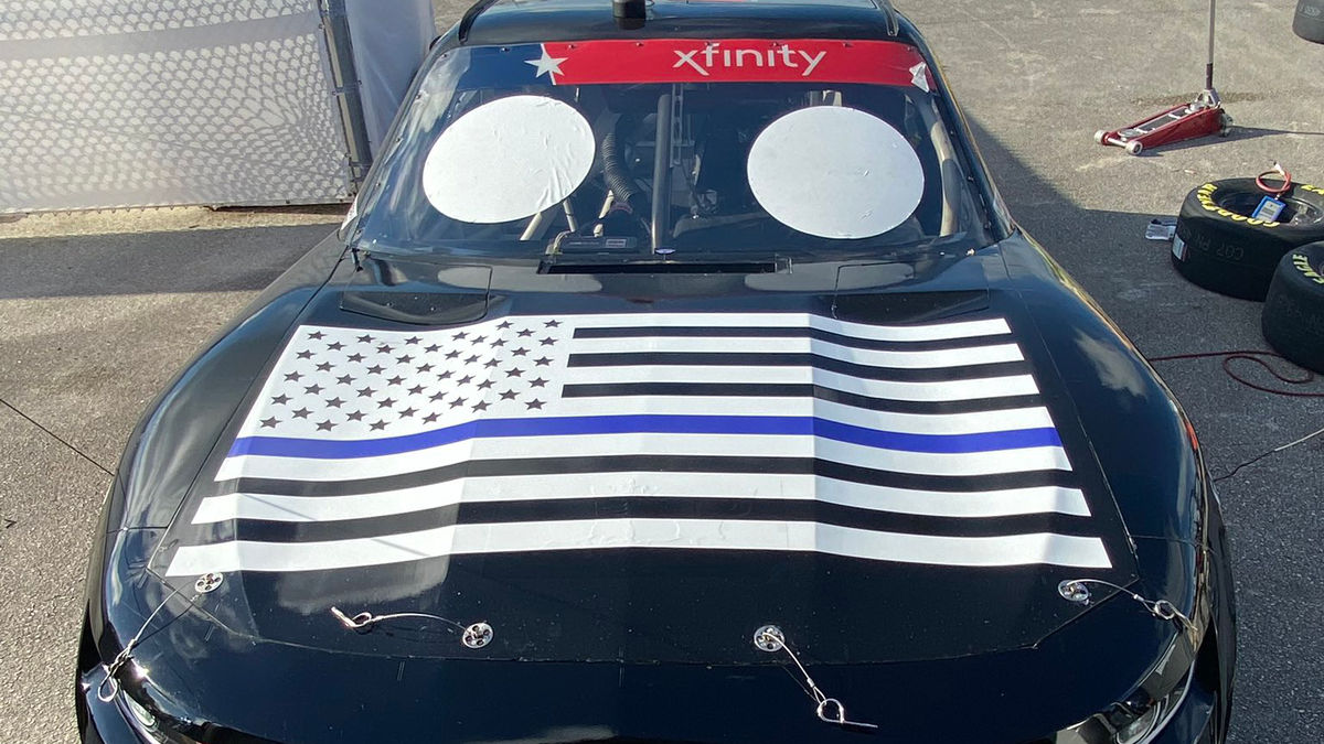 Kyle Weatherman’s #47 car included a “thin blue line” graphic on its hood.