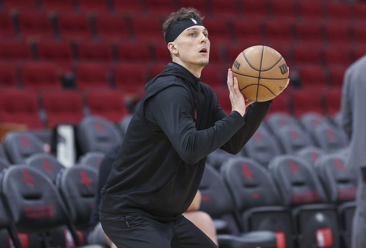 Apr 5, 2024; Houston, Texas, USA; Miami Heat guard Tyler Herro (14) warms up before the game against the Houston Rockets at Toyota Center.