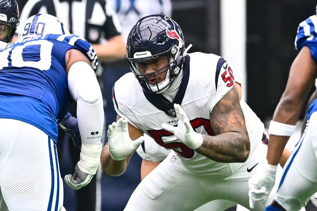Sep 17, 2023; Houston, Texas, USA; Houston Texans guard Kendrick Green (50) in action during the first quarter against the Indianapolis Colts at NRG Stadium.