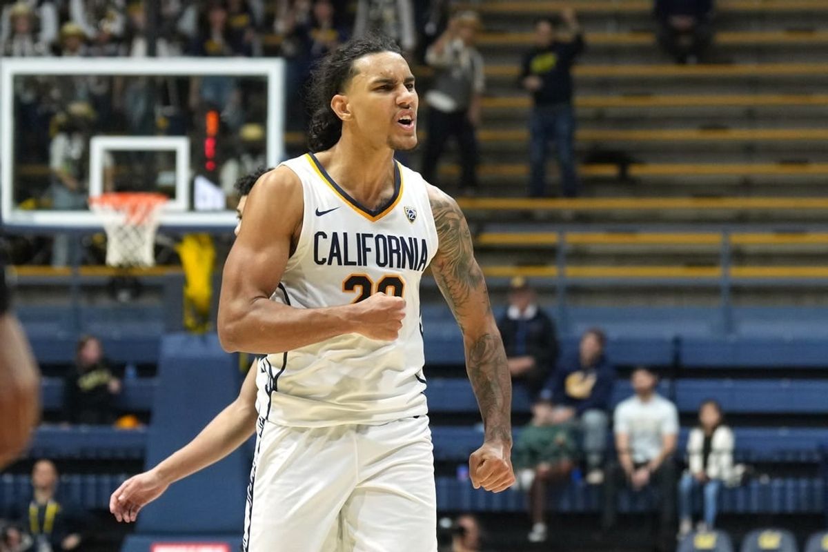 Jan 10, 2024; Berkeley, California, USA; California Golden Bears guard Jaylon Tyson (20) gestures towards the bench during the second half against the Colorado Buffaloes at Haas Pavilion.