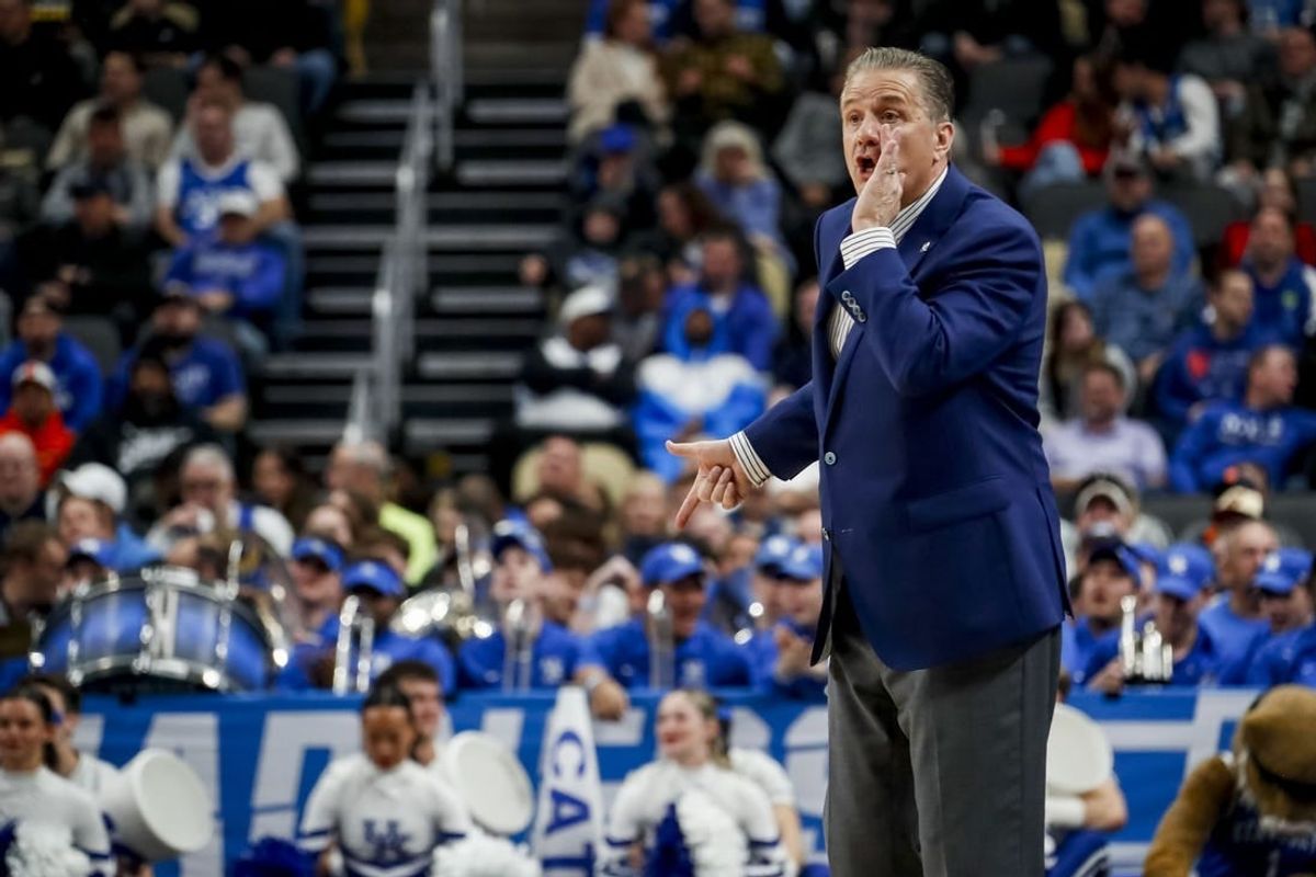 Mar 21, 2024; Pittsburgh, PA, USA; Kentucky Wildcats head coach John Calipari reacts to a play in the first round of the 2024 NCAA Tournament at PPG Paints Arena.