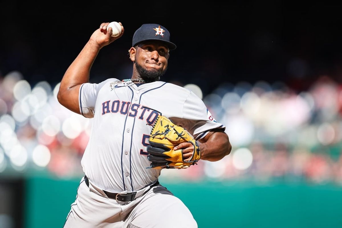 Apr 20, 2024; Washington, District of Columbia, USA; Houston Astros pitcher Ronel Blanco (56) pitches against the Washington Nationals during the first inning at Nationals Park.