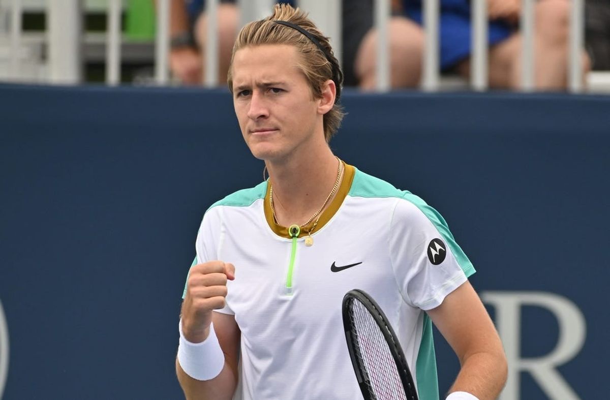 Aug 8, 2023; Toronto, Ontario, Canada;   Sebastian Korda (USA) reacts after winning a point against Tomas Martin Etcheverry (ARG)  (not pictured) in second round play at Sobeys Stadium.