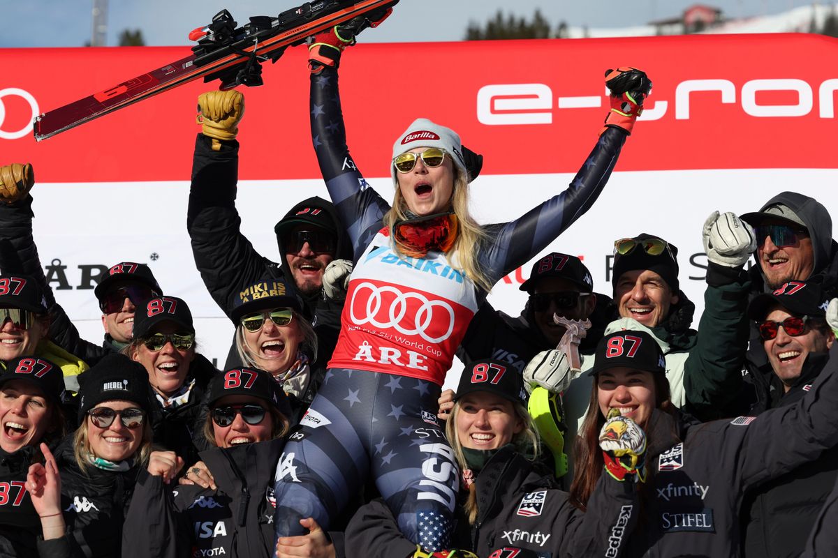 Mikaela Shiffrin celebrates after an alpine ski, women’s World Cup slalom, in  Å re , Sweden, on March 11, 2023.