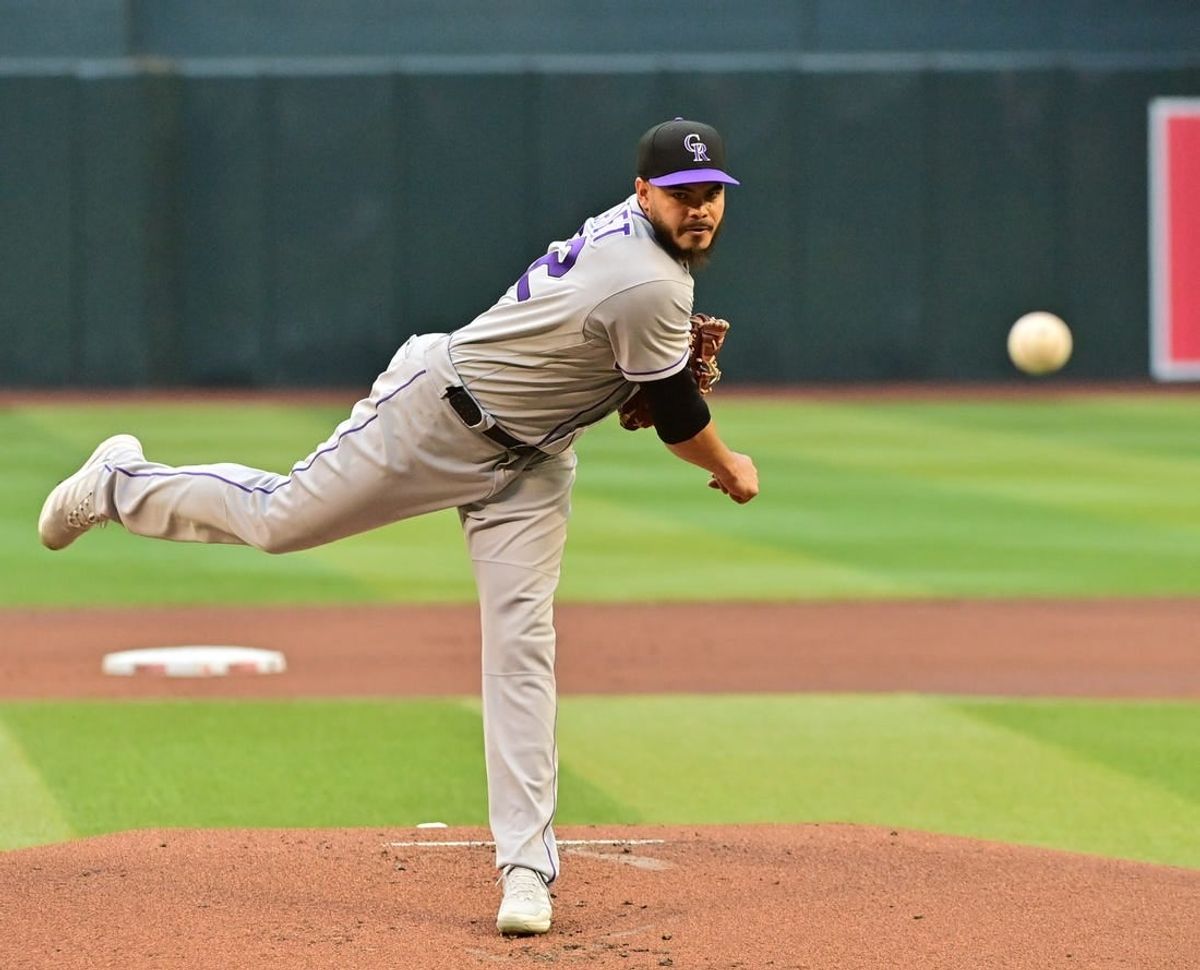 May 31, 2023; Phoenix, Arizona, USA;  Colorado Rockies starting pitcher Dinelson Lamet (32) throws in the first inning against the Arizona Diamondbacks at Chase Field.