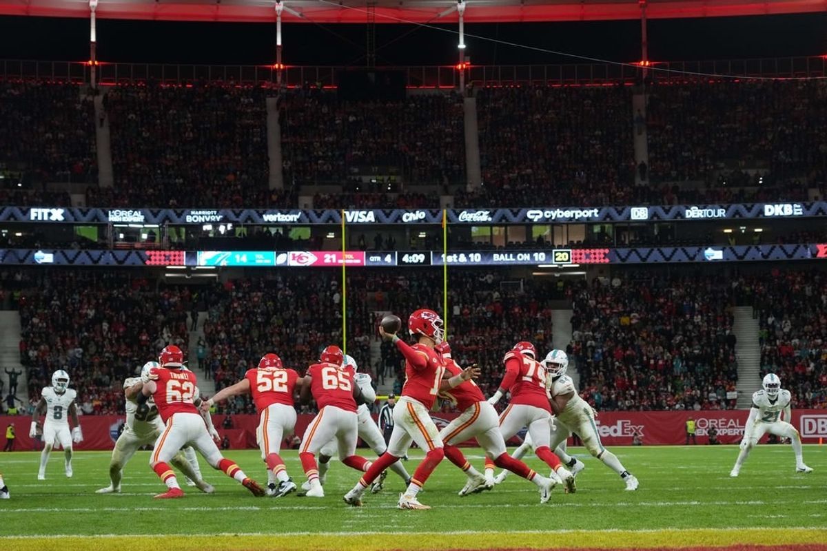 Nov 5, 2023; Frankfurt, Germany; A general overall view as Kansas City Chiefs quarterback Patrick Mahomes (15) throws the ball against the Miami Dolphins in the second half during an NFL International Series game at Deutsche Bank Park.