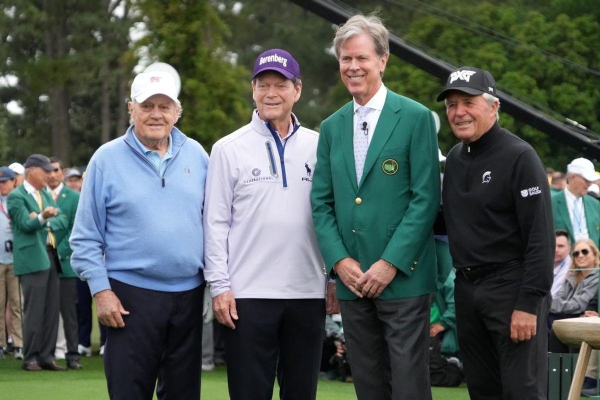 Apr 11, 2024; Augusta, Georgia, USA; Jack Nicklaus poses for a photograph alongside Tom Watson, Fred Ridley and Gary Player before the first round of the Masters Tournament.