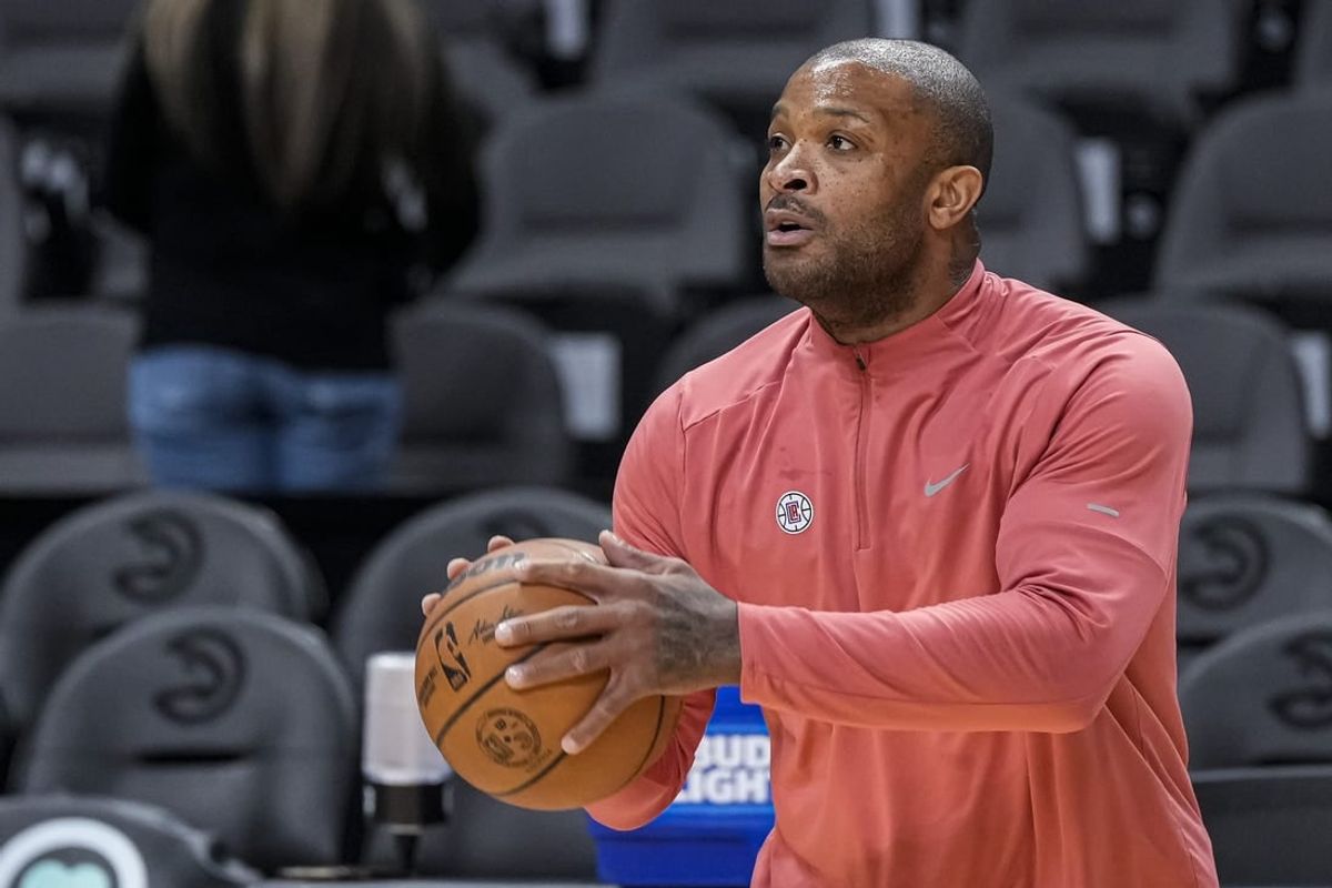 Feb 5, 2024; Atlanta, Georgia, USA; LA Clippers forward P.J. Tucker (17) shown on the court prior to the game against the Atlanta Hawks at State Farm Arena.