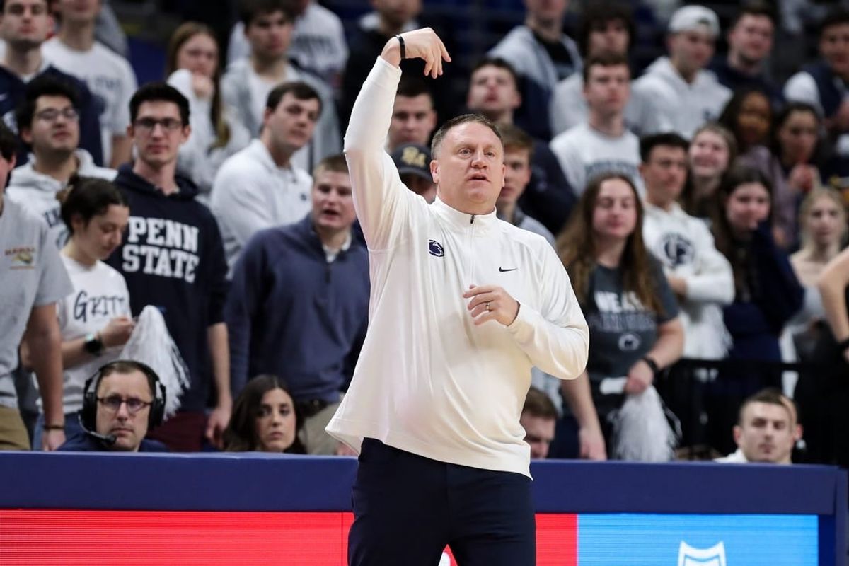 Feb 8, 2024; University Park, Pennsylvania, USA; Penn State Nittany Lions head coach Mike Rhoades gestures from the bench during the first half against the Iowa Hawkeyes at Bryce Jordan Center.