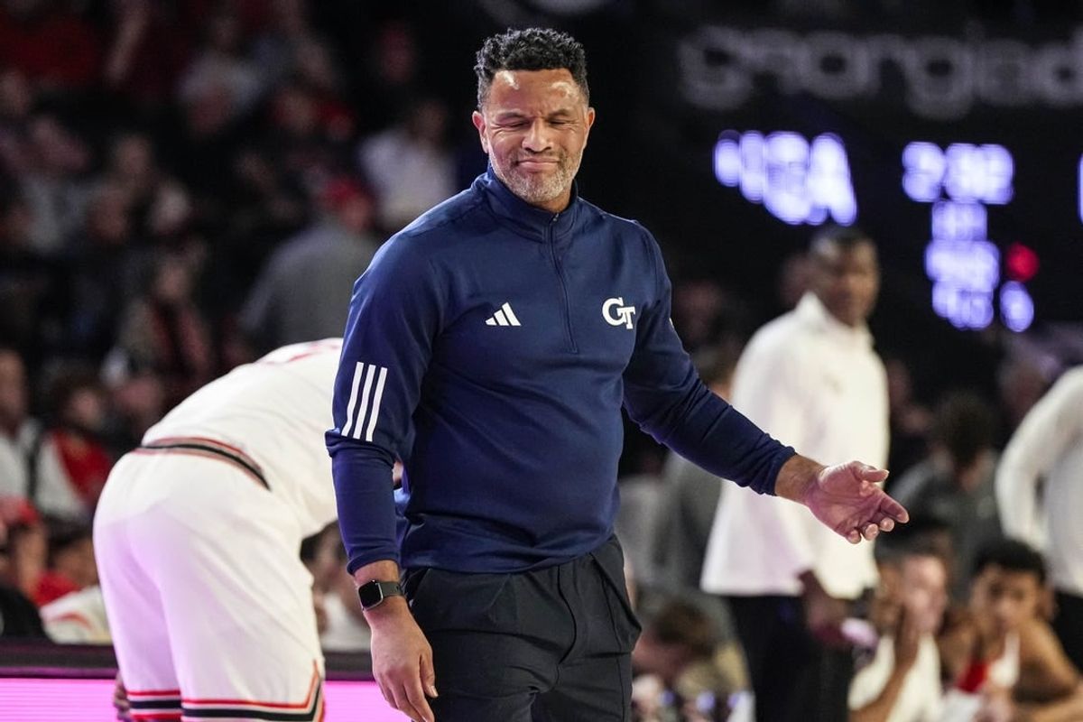 Dec 5, 2023; Athens, Georgia, USA; Georgia Tech Yellow Jackets head coach Damon Stoudamire reacts during the game against the Georgia Bulldogs at Stegeman Coliseum.