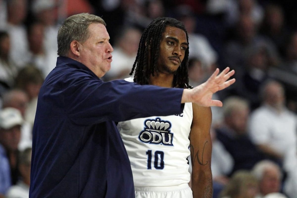Dec 9, 2023; Norfolk, Virginia, USA; Old Dominion Monarchs head coach Jeff Jones talks to Old Dominion Monarchs guard Tyrone Williams (10) at Chartway Arena at the Ted Constant Convocation Center.
