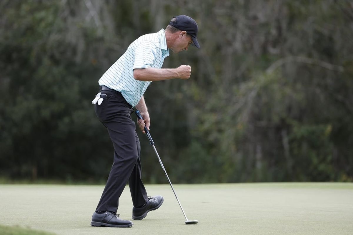 Dec 10, 2023; Bradenton, Florida, USA; Team International s Steven Alker reacts to an eagle putt on the eighth hole during their afternoon round at The Concession Golf Club.