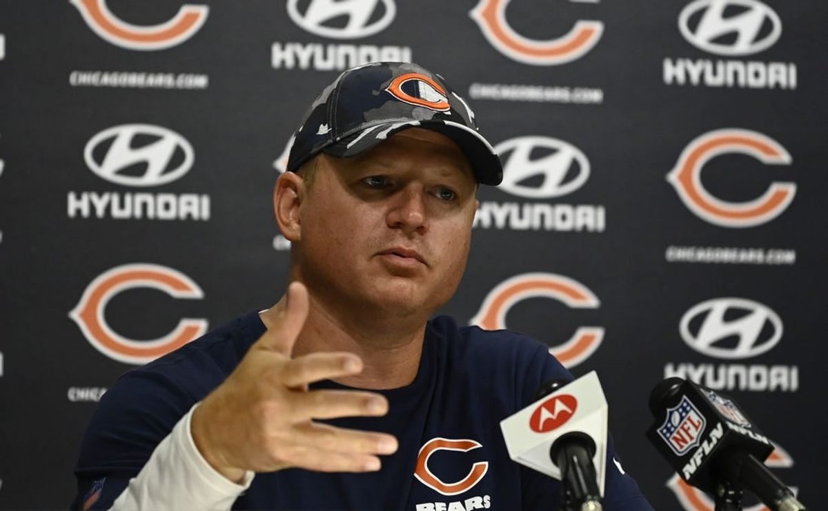 Jul 28, 2022; Lake Forest, IL, USA;  Chicago Bears offensive coordinator Luke Getsy talks with the media during training camp at PNC Center at Halas Hall.