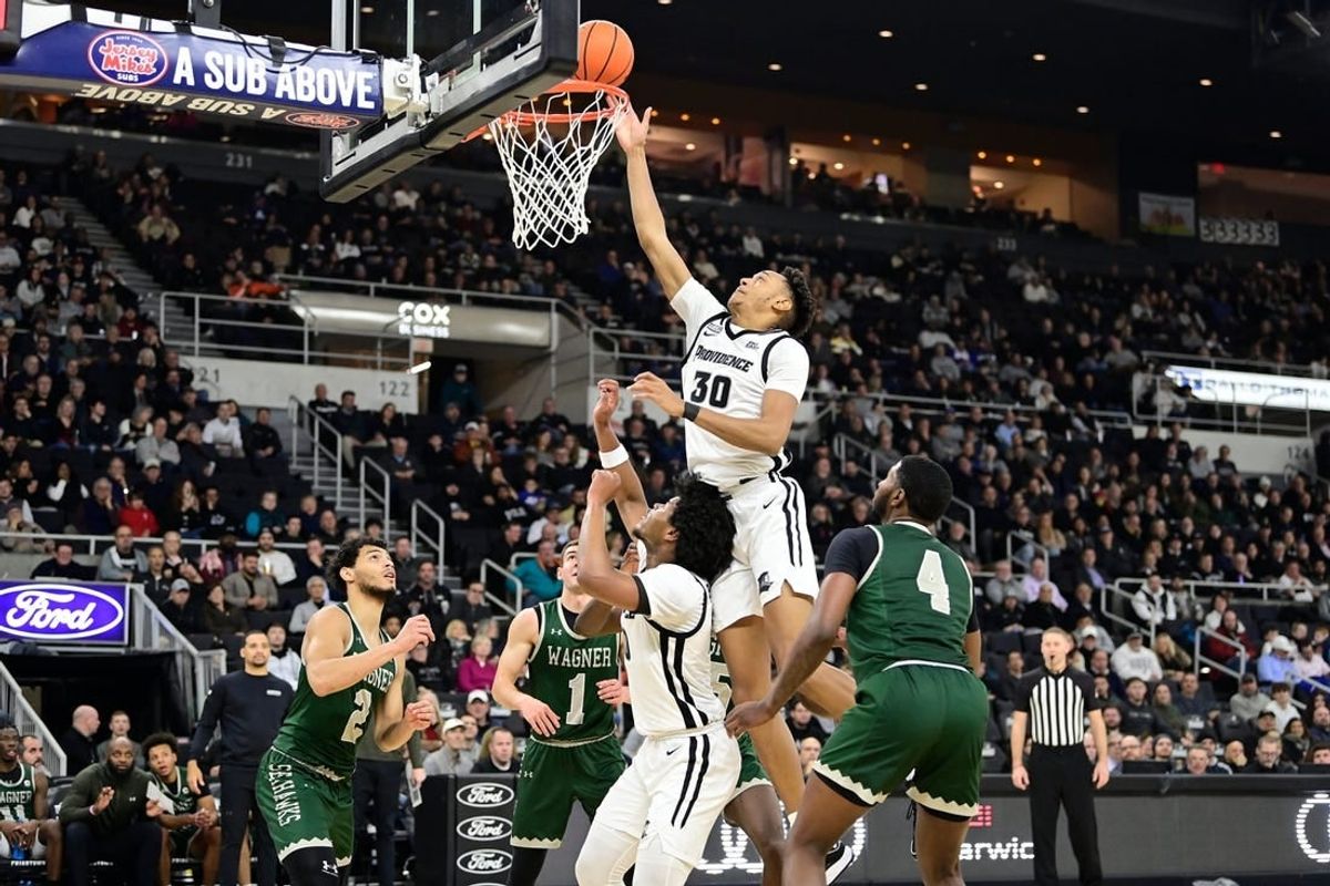 Nov 28, 2023; Providence, Rhode Island, USA; Providence Friars forward Rafael Castro (30) goes for a lay up against the Wagner Seahawks during the first half at Amica Mutual Pavilion.