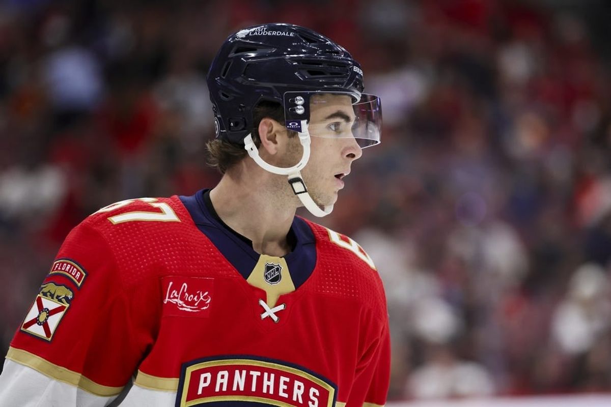 Jan 15, 2024; Sunrise, Florida, USA; Florida Panthers right wing William Lockwood (67) looks on during the first period against the Anaheim Ducks at Amerant Bank Arena.