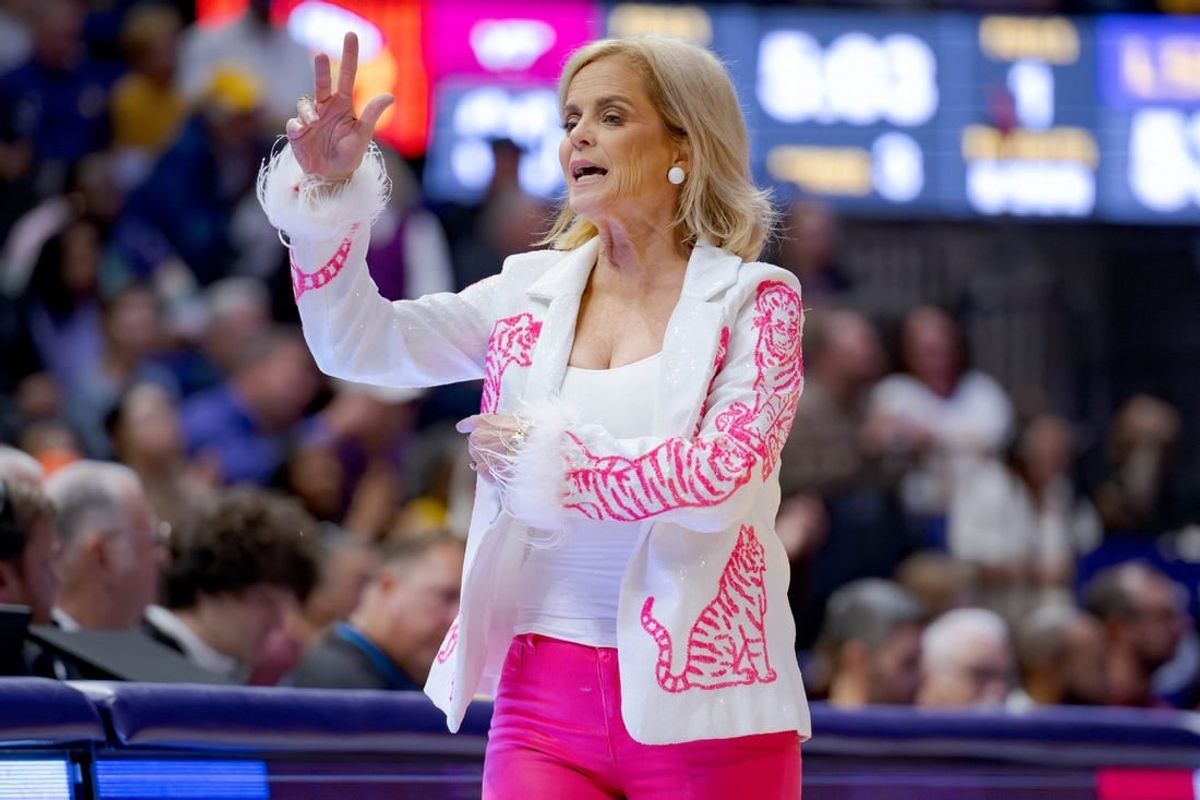 Nov 30, 2023; Baton Rouge, Louisiana, USA; LSU Lady Tigers head coach Kim Mulkey reacts during the second half at Pete Maravich Assembly Center.