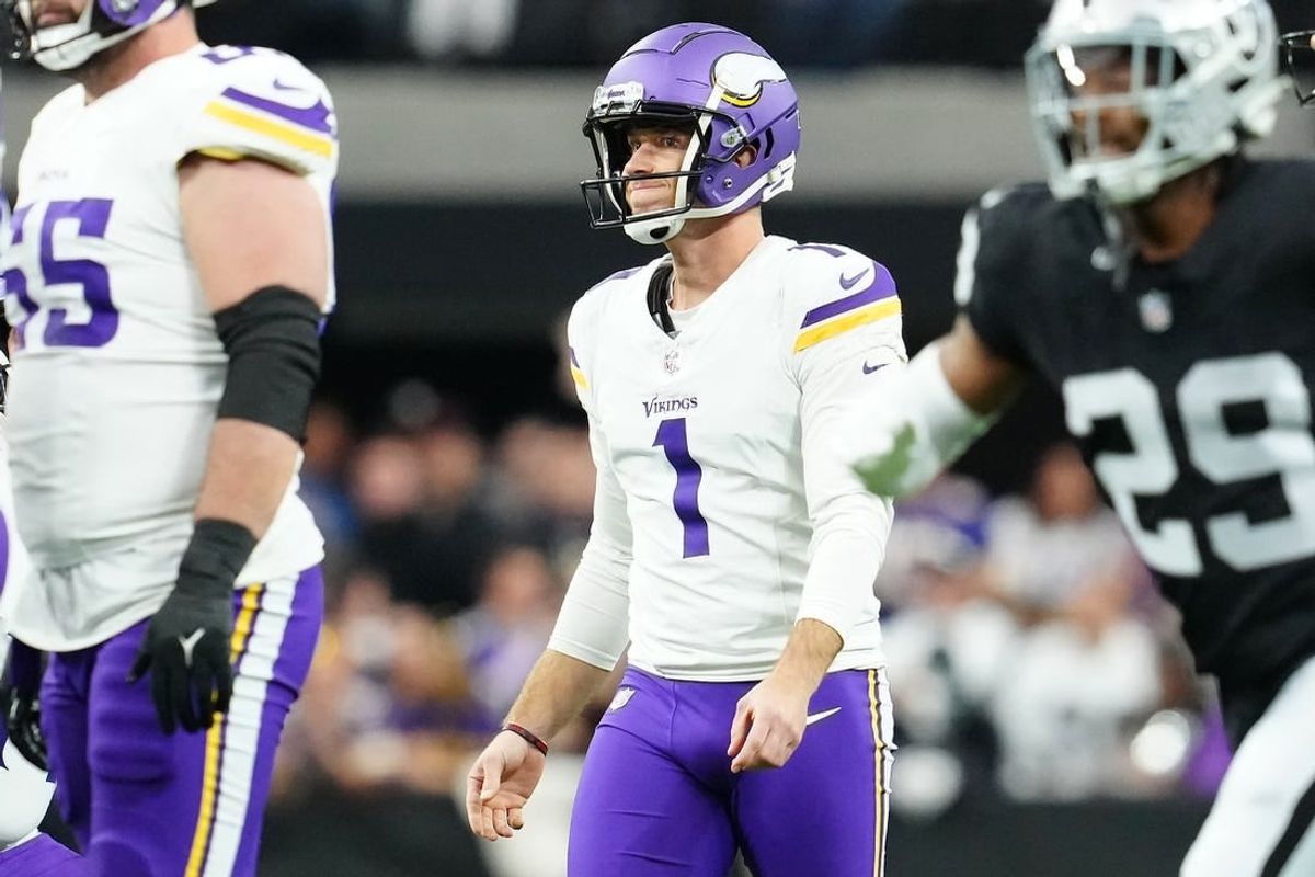 Dec 10, 2023; Paradise, Nevada, USA; Minnesota Vikings place kicker Greg Joseph (1) reacts after missing a field goal attempt against the Las Vegas Raiders during the first quarter at Allegiant Stadium.